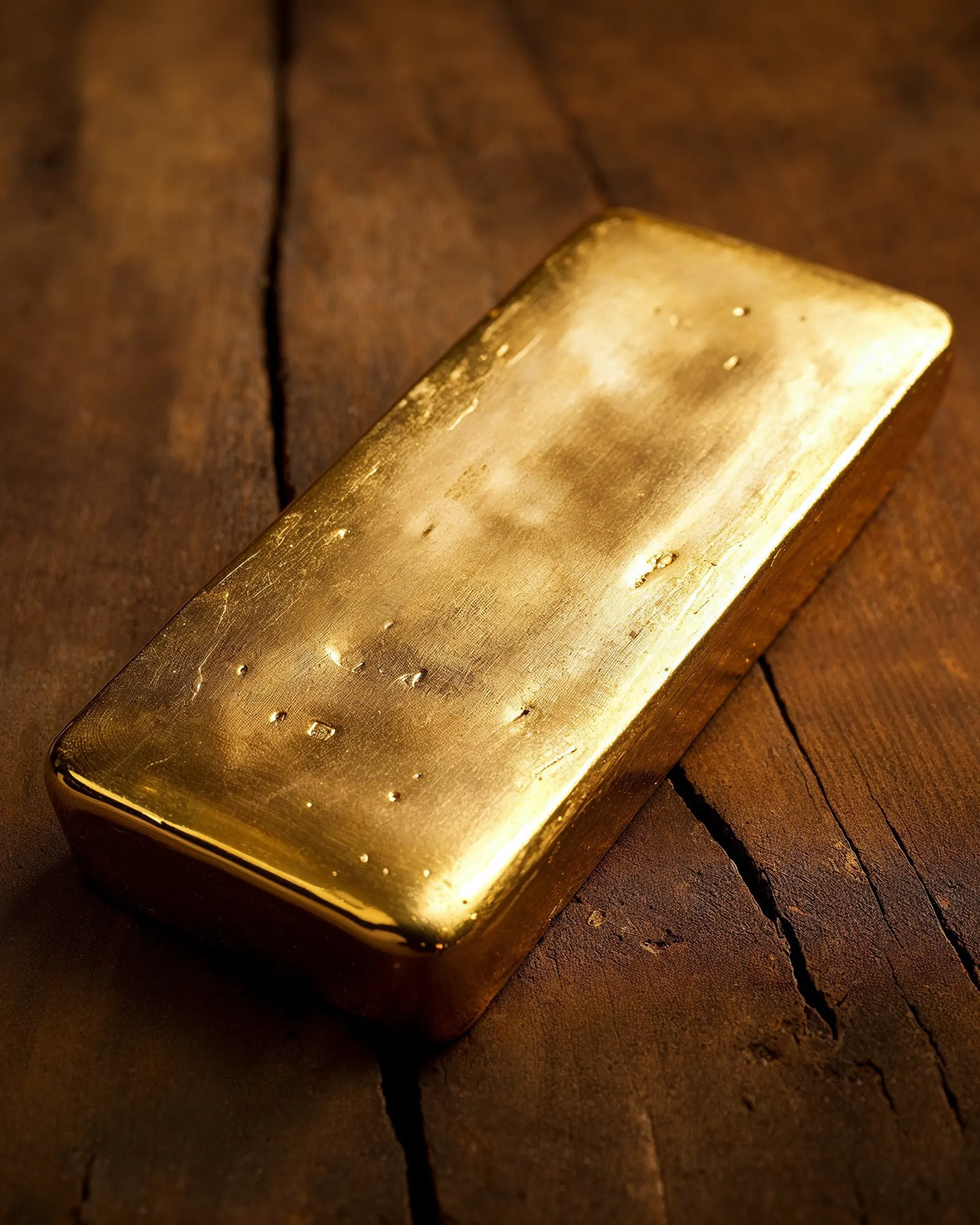 A cast gold bar on dark timber