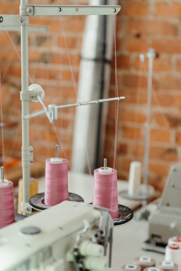 Close-up of an industrial sewing machine with pink thread spools against a brick wall.